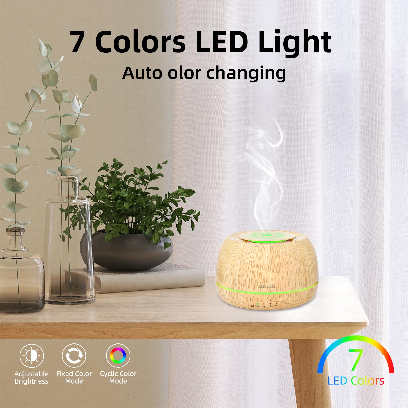 SEEDSEEL Diffusore di oli essenziali da 300 ml, 8 ore di autonomia, diffusore per aromaterapia con telecomando, LED a 7 colori per la casa