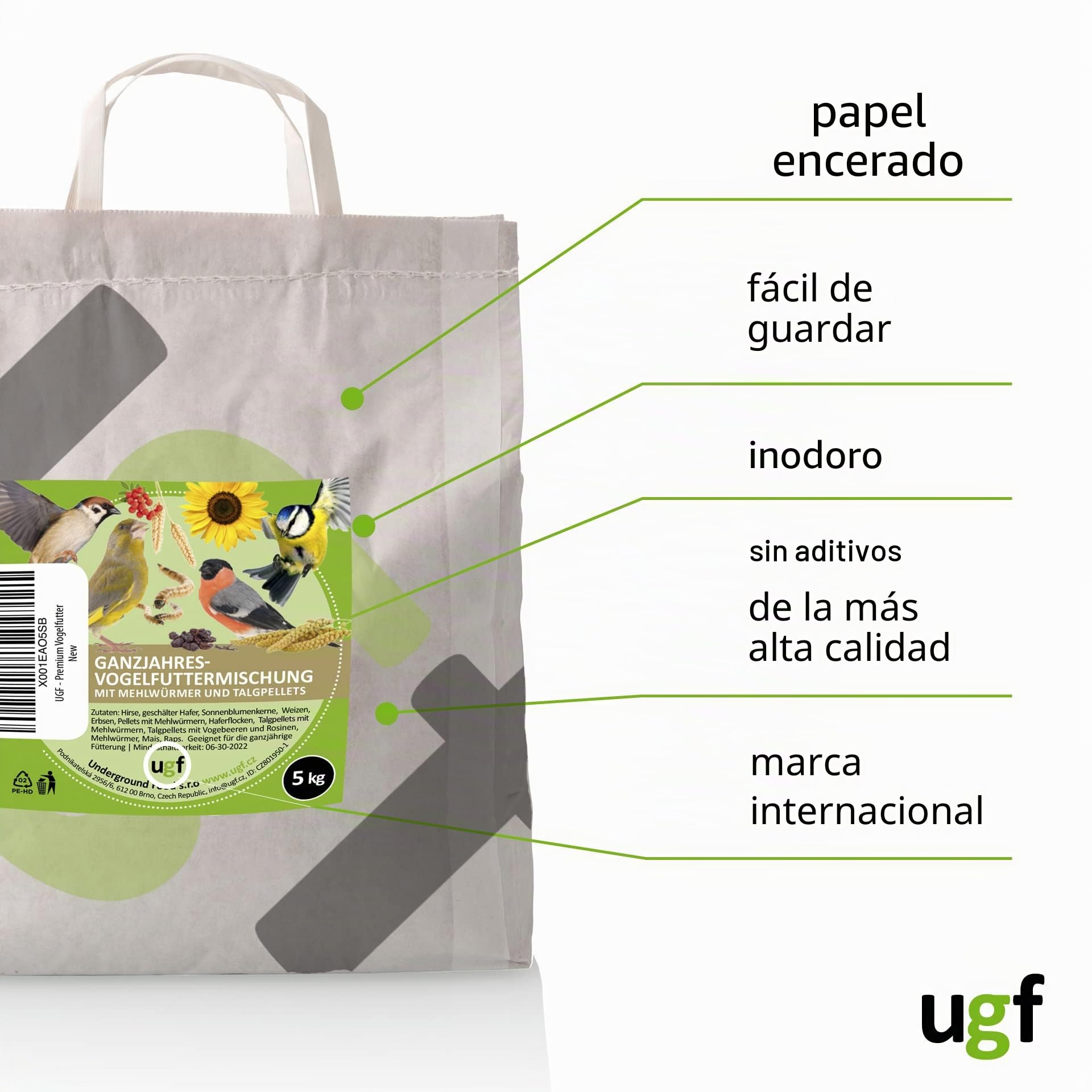 UGF - Alimento para pájaros Salvajes Durante Todo el año 5 kg, Alimento para pájaros Salvajes con Semillas de Girasol, Gusanos de la harina y Otros Nueve Ingredientes