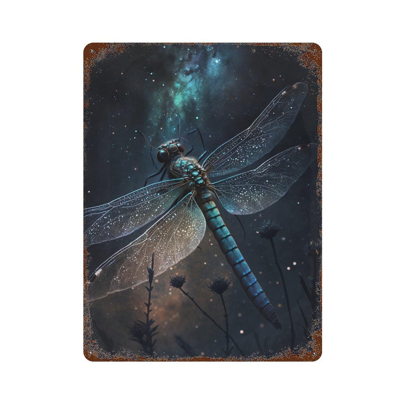 Garage Style Galactic Dragonfly in Flight Rusty Metal Tin Sign 15.7"x11.8", Classic Wall Plaque for Bar And Workshop