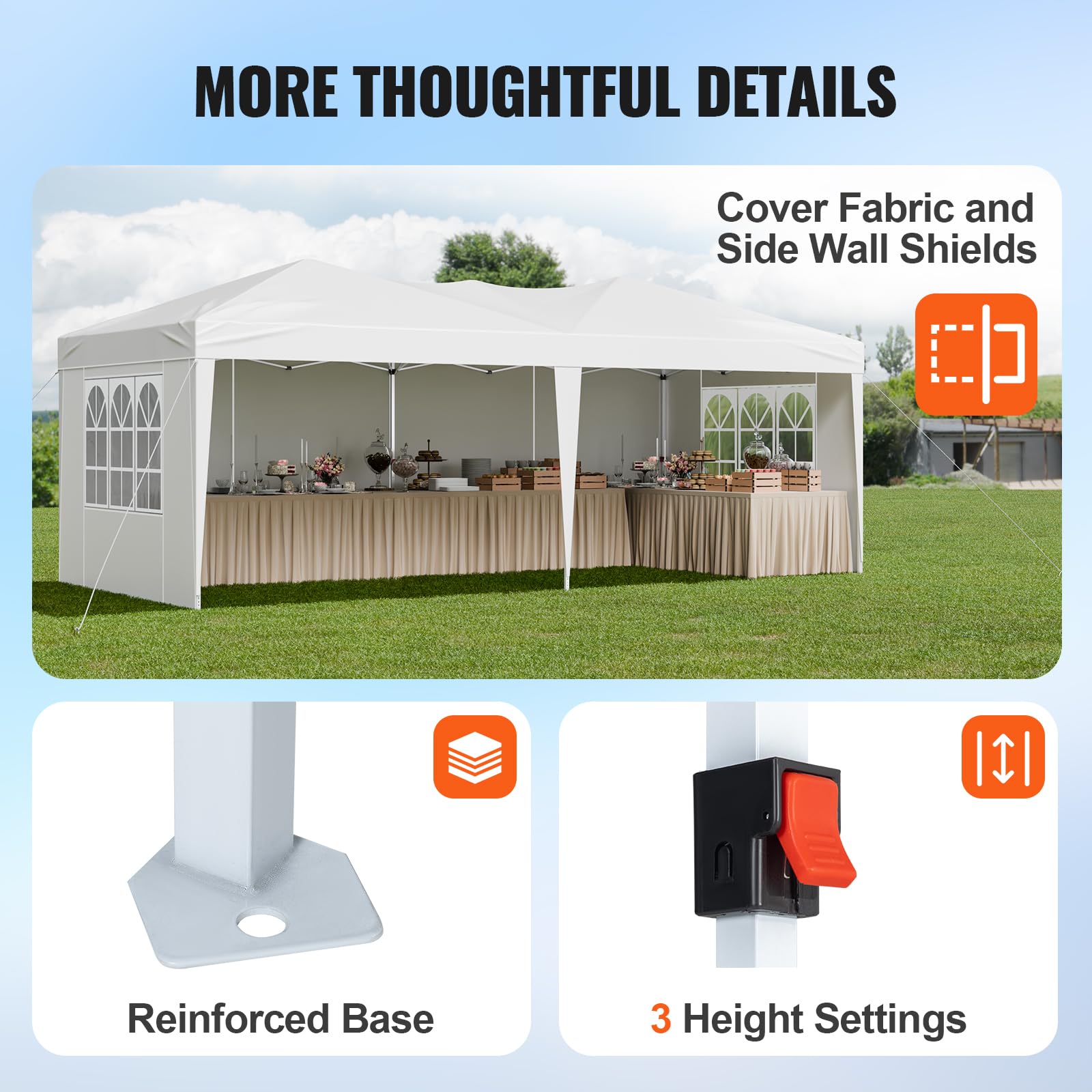 VEVOR Gazebo Pieghevole da Esterno 5,9 x 2,96 x 2,65 m, Tendone da Giardino con Pareti Laterali Finestre Ventilate, Altezza Regolabile in 3 Livelli, Tenda Protezione Solare per Eventi all'Aperto