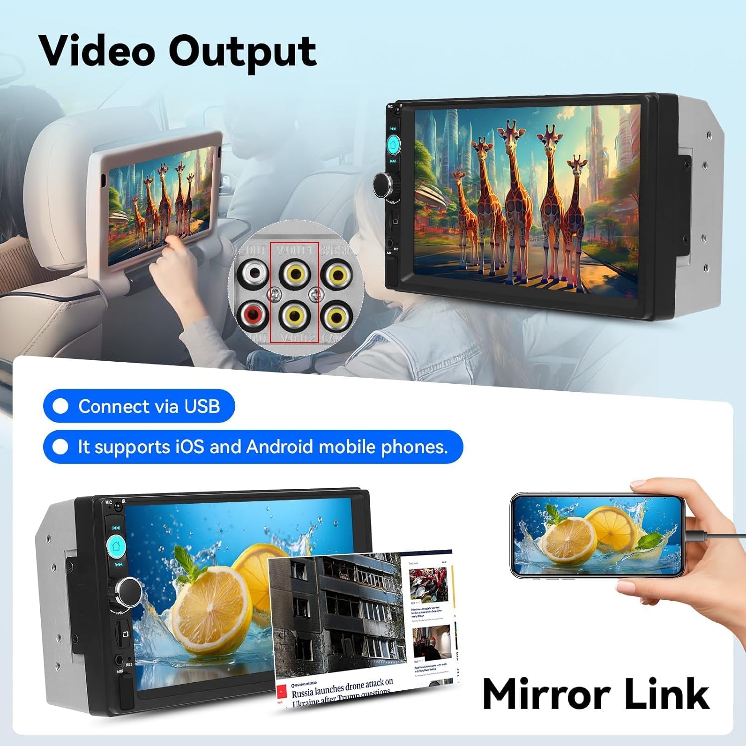 Video output and Mirror Link features of the Zomolither car stereo