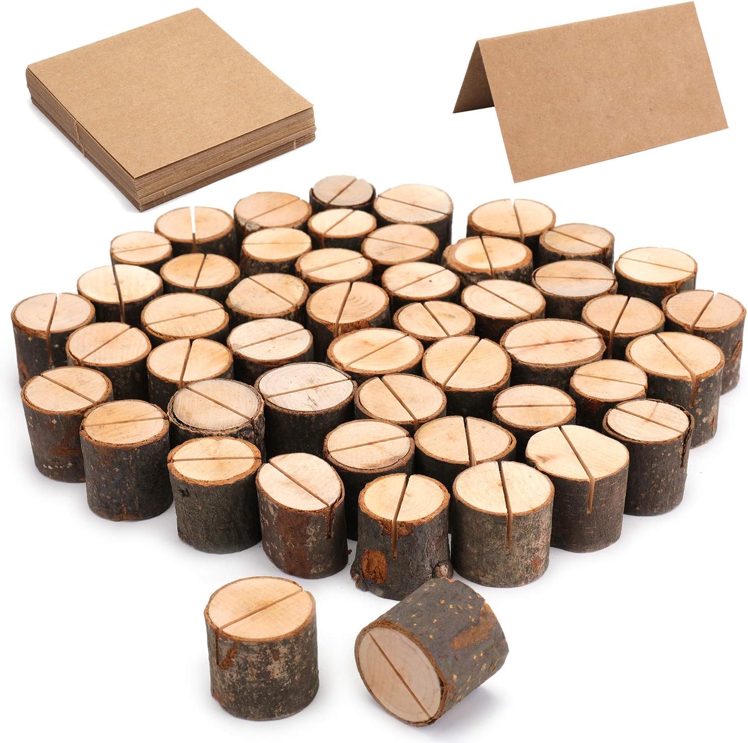 Tosnail 50 Pieces Wooden Place Card Holders with 50 Kraft Paper Cards, Rustic Wood Table Number Stands, Photo Holder for Wedding Party Decoration, Photo Display