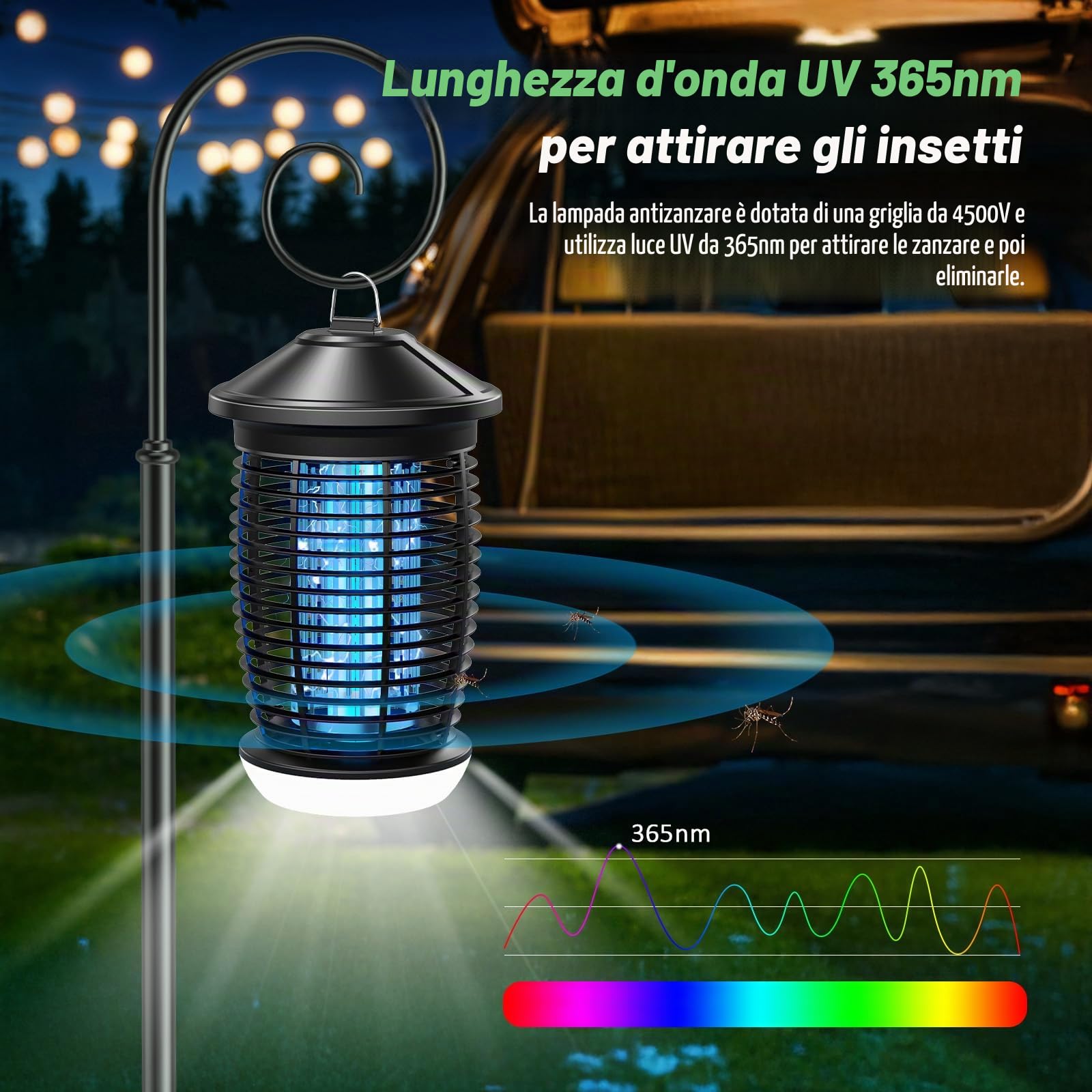 PALONE Lampada Elettrica Antizanzare 4500V, Lampada Insetticida per Insetti Volanti con Luce UV 20W e LED 9W, Cavo 1 M per Interni/Esterni - Ecologico per Cucina e Giardino