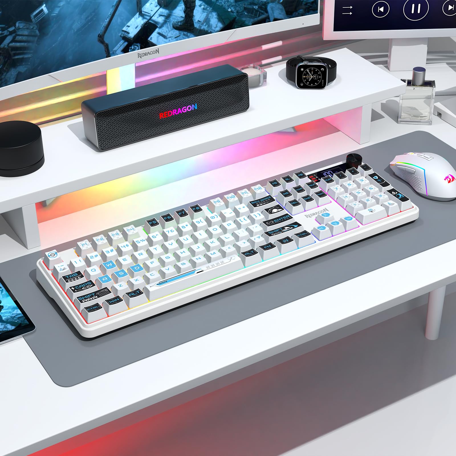 Redragon K526 Pro RGB Teclado Gaming Inalámbrico 104 Teclas Tacto Mecánico | Pantalla Información LED Control Perilla Retroiluminada Interruptor Lineal Suave Amplia Compatibilidad