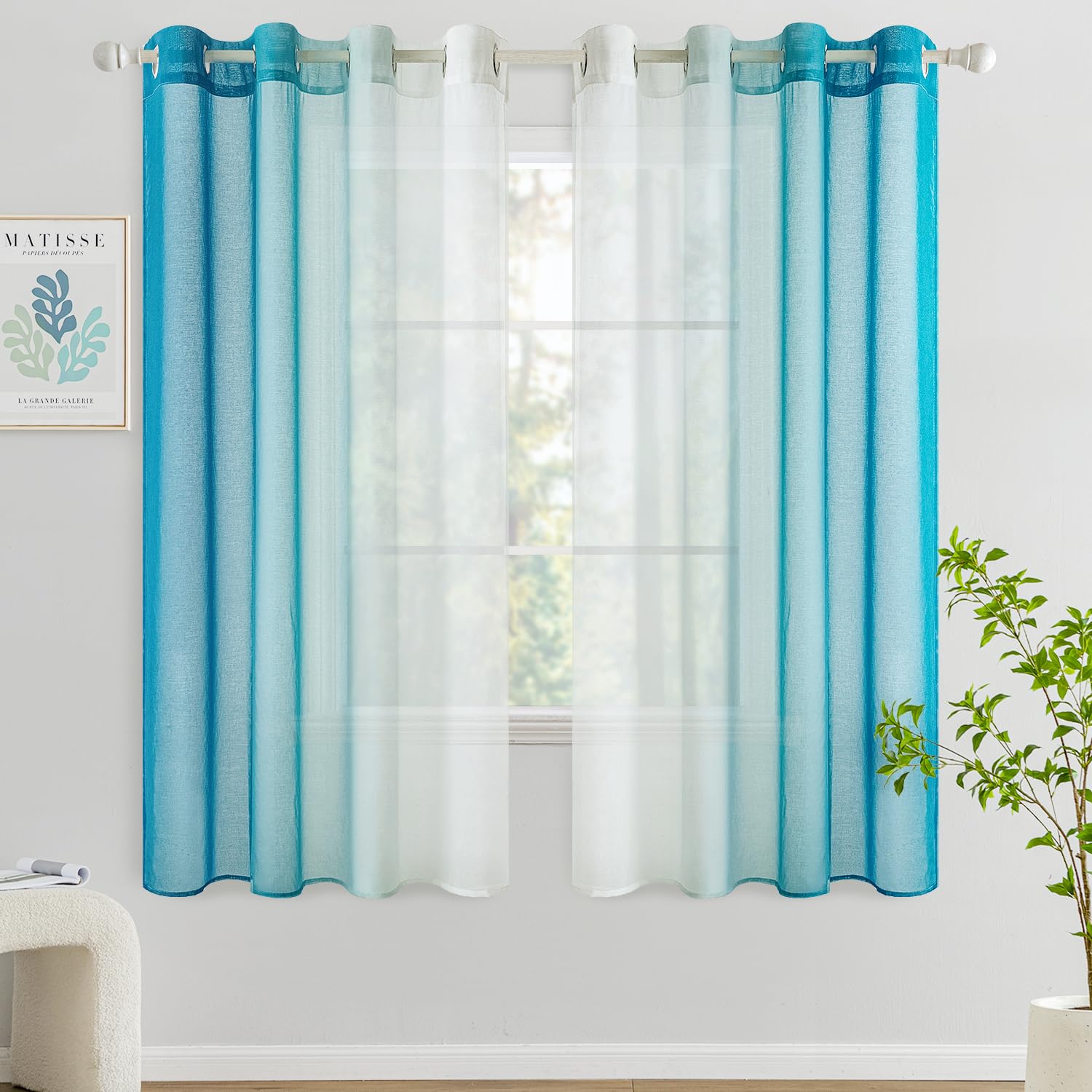 Woaboy Cortina Corta Ventana Translúcida Visillo Dormitorio con Ojales Moderno Decorativas Poliéster Visillos Degradado Gradiente para Habitación Salon 2 Piezas 140x145cm Lago Azul