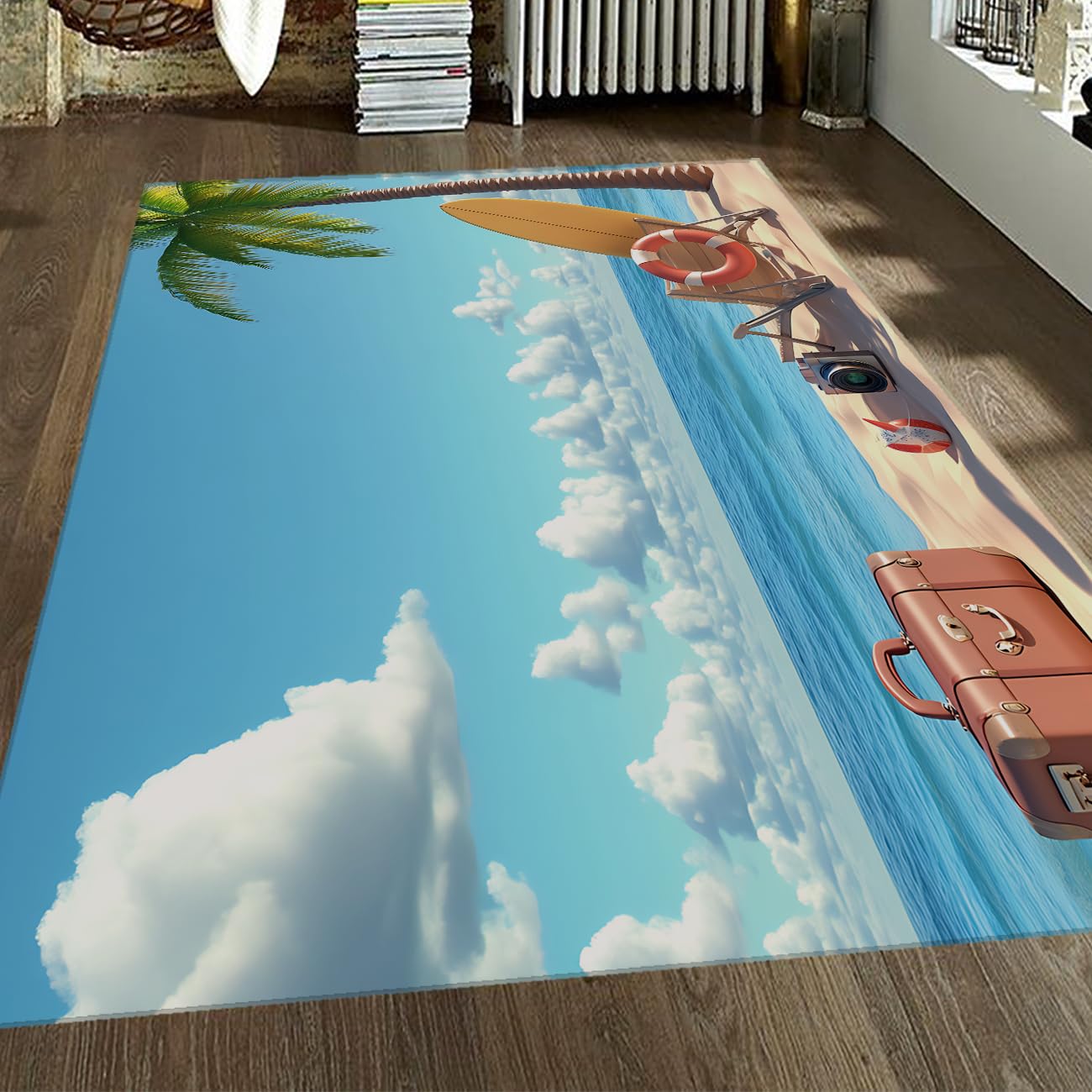 Tapis tropical 80x120 cm à poils ras motif océan et palmier pour bureau