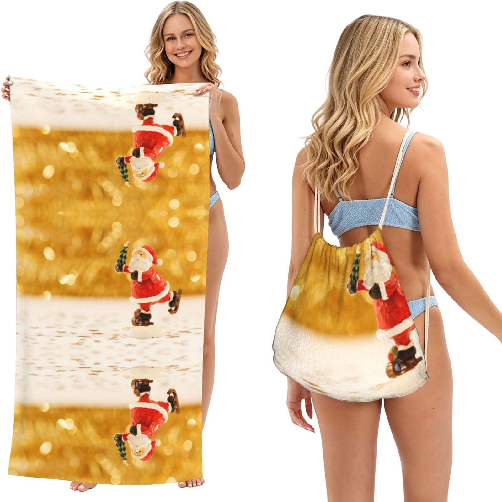 ESNAIUVCD Santa Claus Print Beach Towel For Adults,Towel With Drawstring Bag, Travel Pool Swimming Sports Shower Sand Free Quick Dry Bath Towel For Pool, Beach, Yoga- 180x60cm