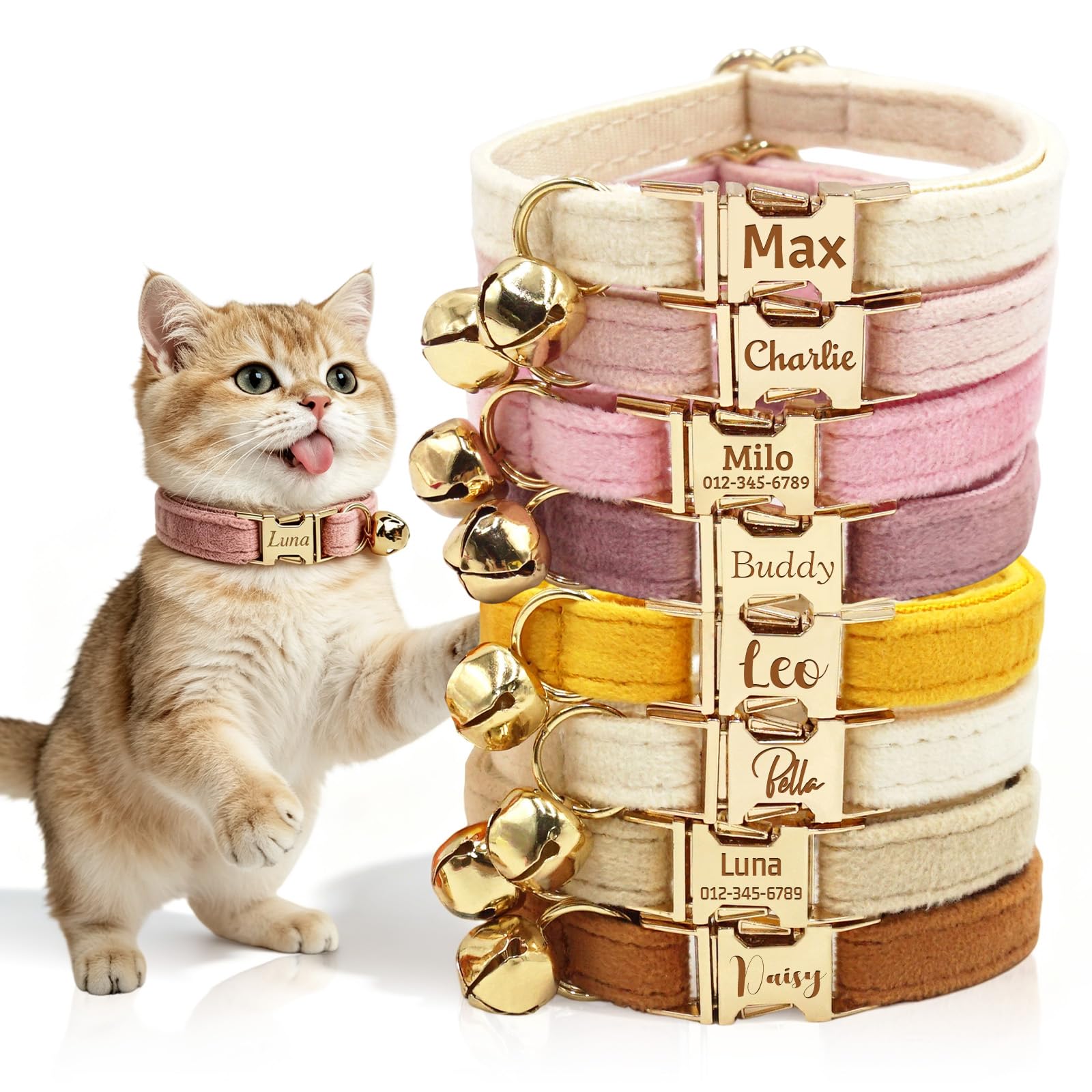 Custom Engraved Cat Collar with Personalized Name ID, Cat Collars with Bell, for Boy Girl Cats and Kitten, Durable Adjustable Pink Velvet kitten Collar Gift for Pet Lovers (cat collar 1)