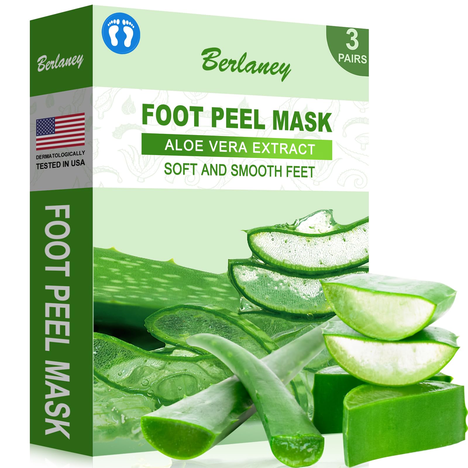 Berlaney Aloe Vera Foot Peeling Mask, Baby Feet Exfoliating Peel for Dead Skin Removal& Moisturizing Care, Dry Cracked Heels Relief, Softening Rough Feet Spa Socks, 3 Pairs Pack(Unisex)