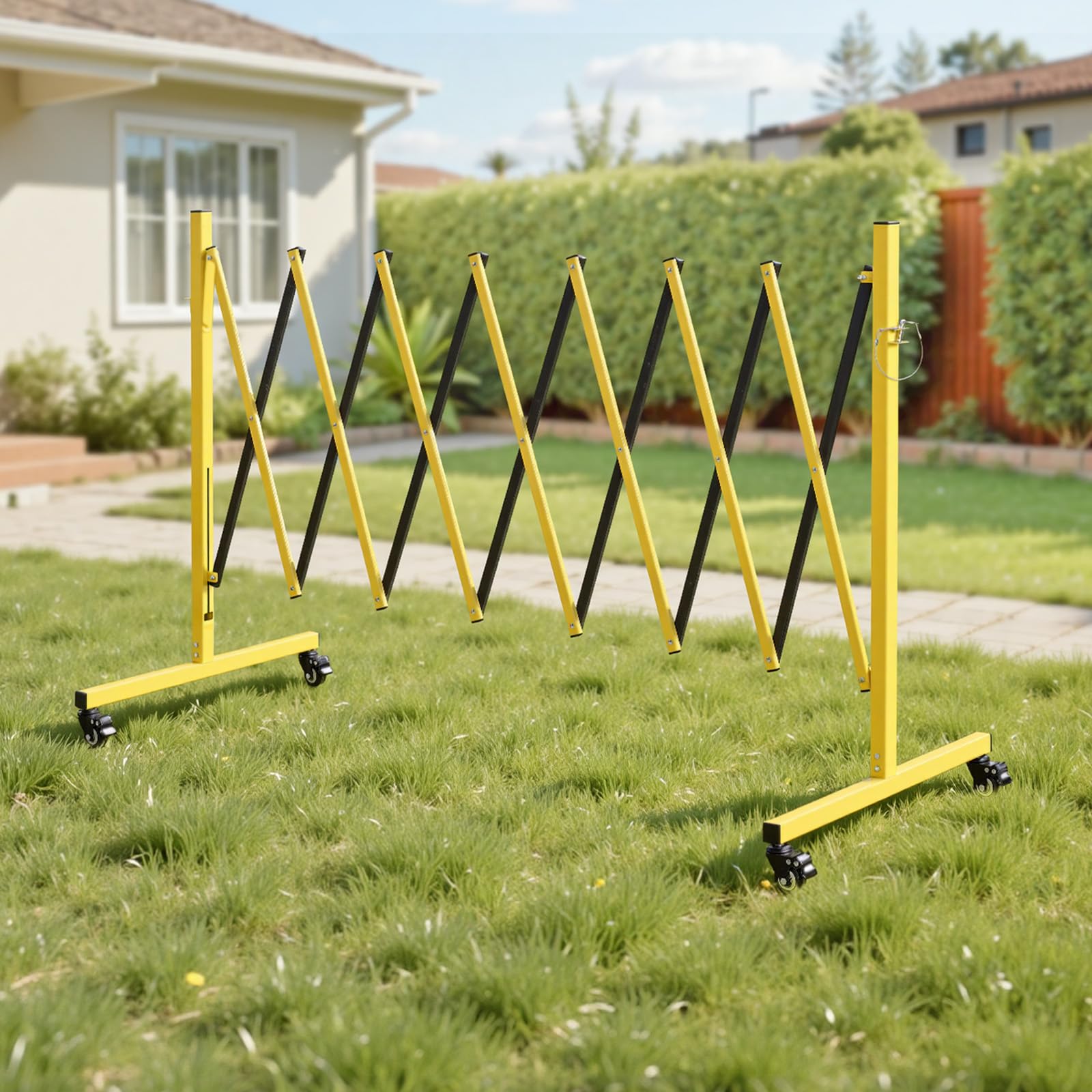 VEVOR Barricada Extensible de 3,82 m, Barrera de Seguridad Plegable con Ruedas y Frenos, Valla Metálica Portátil, Aluminio, para Uso Industrial Construcción Control de Espacios, Color Negro Amarillo