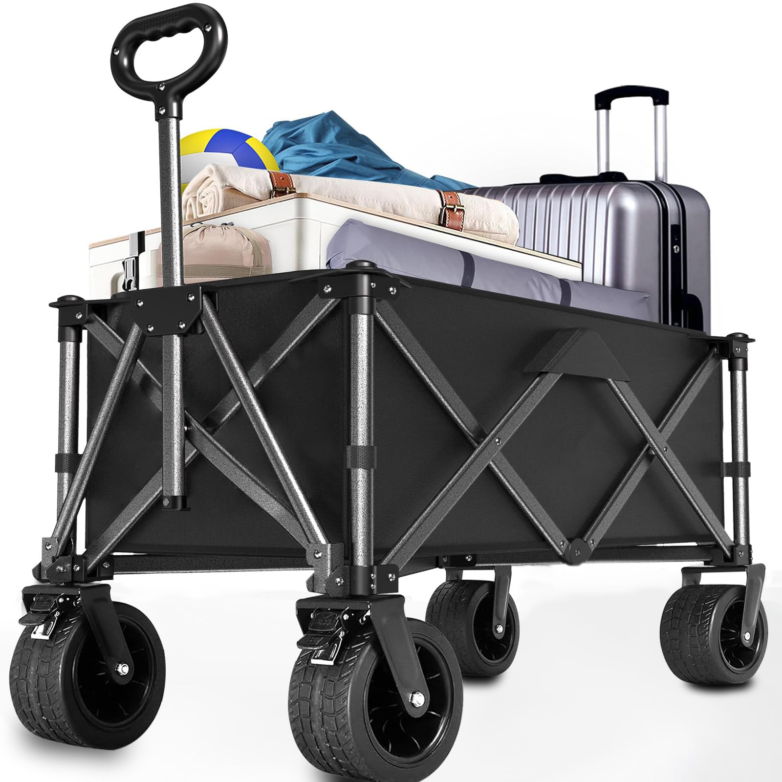 TWZ Festival Trolley on Wide Big Wheels, Collapsible Wagon Cart with Adjustable Handle Portable Folding Camping Cart Heavy Duty Pull Along Trolley for Outdoor Garden Picnic Shopping Fishing Beach