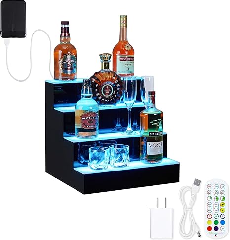 LED Lighted Liquor Bottle Display Shelf, 4 Tiers 16 Inch Lighted Liquor Shelf with Remote & App Control, and Multi-Color Lighting, Bar Bottle Display Shelf for Liquor Shelves