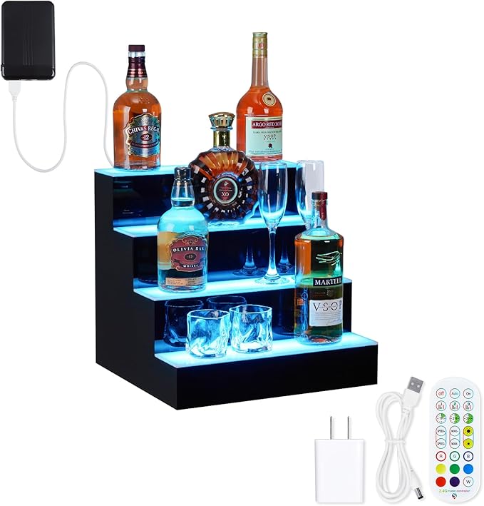 LED Lighted Liquor Bottle Display Shelf, 4 Tiers 16 Inch Lighted Liquor Shelf with Remote & App Control, and Multi-Color Lighting, Bar Bottle Display Shelf for Liquor Shelves