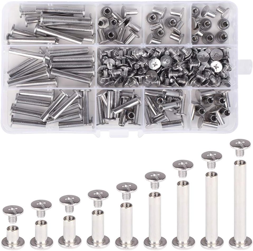 Chicago Binding Screws Assorted Kit,90 Sets 304 Stainless Steel Phillips Chicago Screw Binding Post Screw Kit for DIY Leather Decoration Scrapbook Photo Albums Bookbinding(9 Sizes)