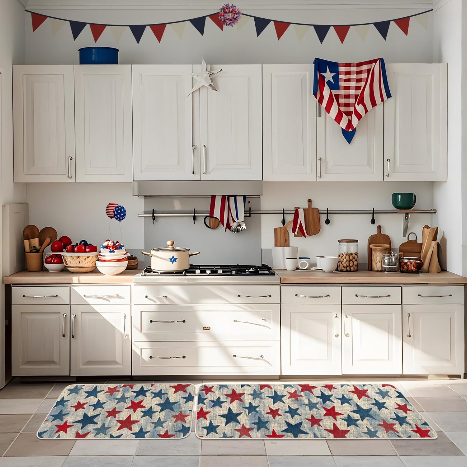 Moutina Watercolor Blue Red Star 4th of July Kitchen Rugs Set of 2, Independence Day Memorial Day Patriotic Decor Low-Profile Kitchen Mats for Floor - 17x29 and 17x47 Inch