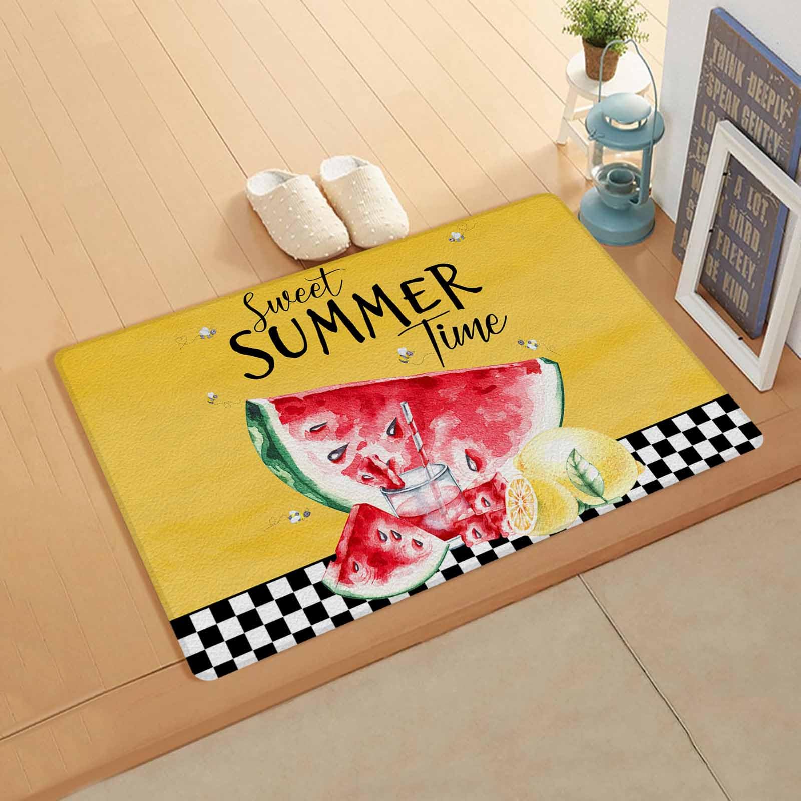 Watermelon Lemon Antifatigue Kitchen Bath Door Mat Cushioned Runner Rug,Washable Welcome Floor Sink Mat,Waterproof & Non-Slip Standing Doormat for Kitchen,Summer Fruits Black White Check 18