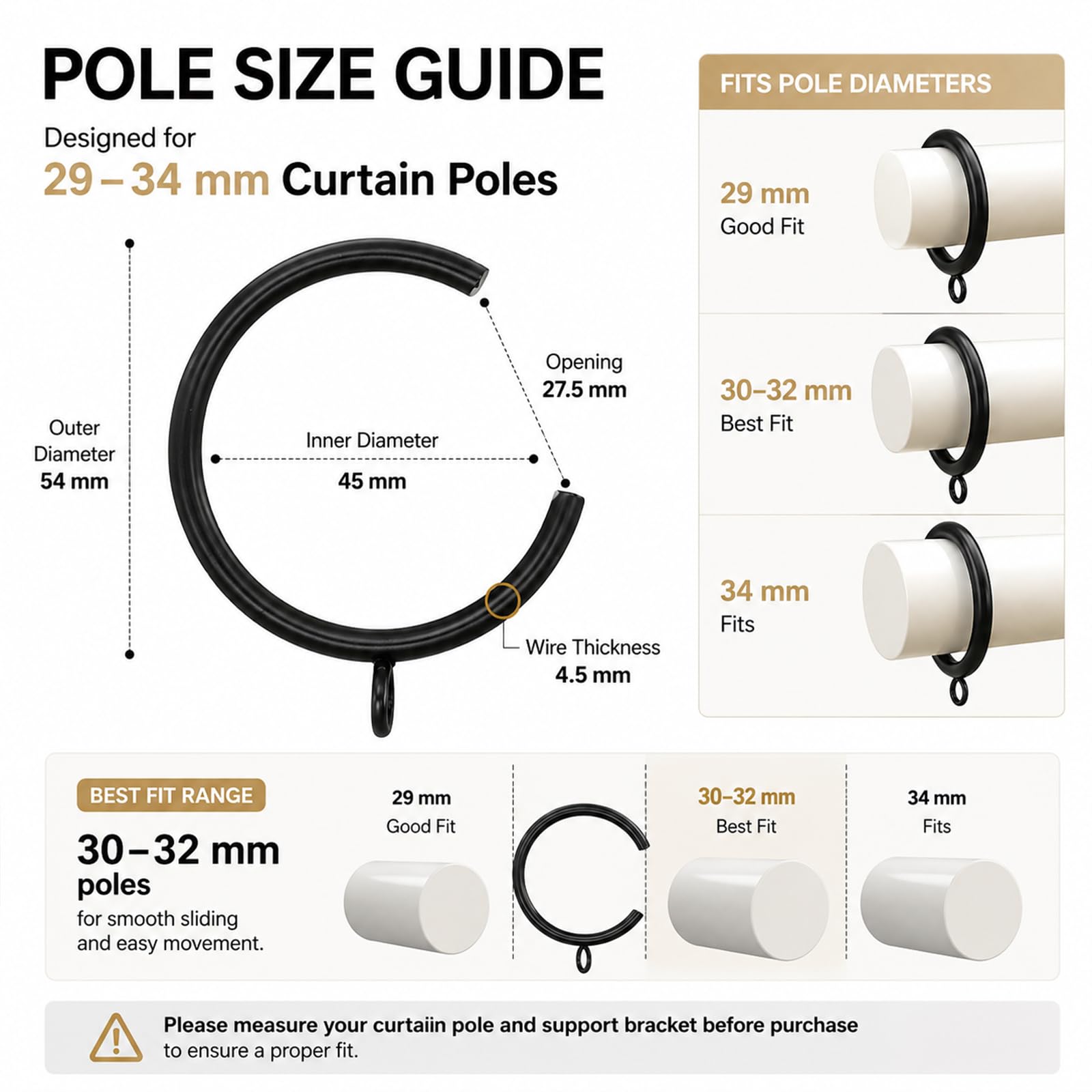 C-förmige Vorhangringe, 20 schwarze Metallringe für Gardinenstange, 45 mm Innendurchmesser, 27,5 mm Öffnung, passend für 29–34 mm Stangen