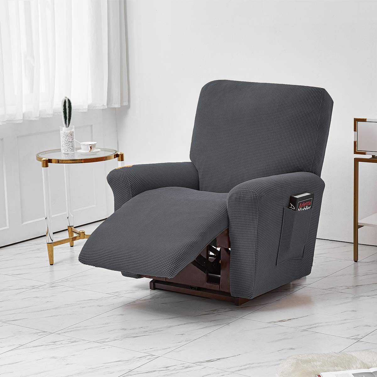 ELEOPTION Recliner Sofa Cover - Spandex Jacquard 4-Piece Recliner Cover, Stretch Cover for Lounger Relaxing Massage Chair (Dark Grey) - Image 3