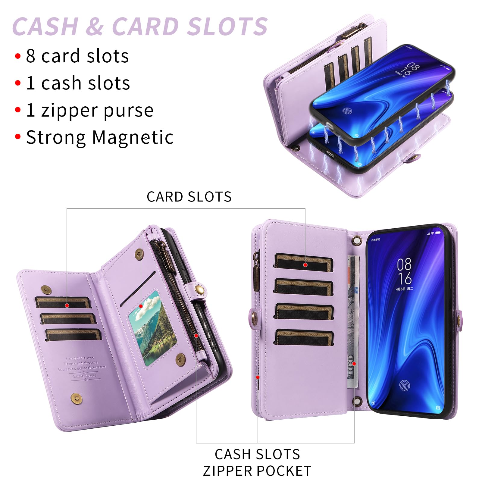 Asuwish - Carcasa para Xiaomi Mi 9T/Mi9T Pro/Redmi K20 y RedmiK20 Pro con cristal templado y cordón para tarjeta magnética de piel con tapa para soporte M1903F10G Mi9TPro T9 teléfono caso morado
