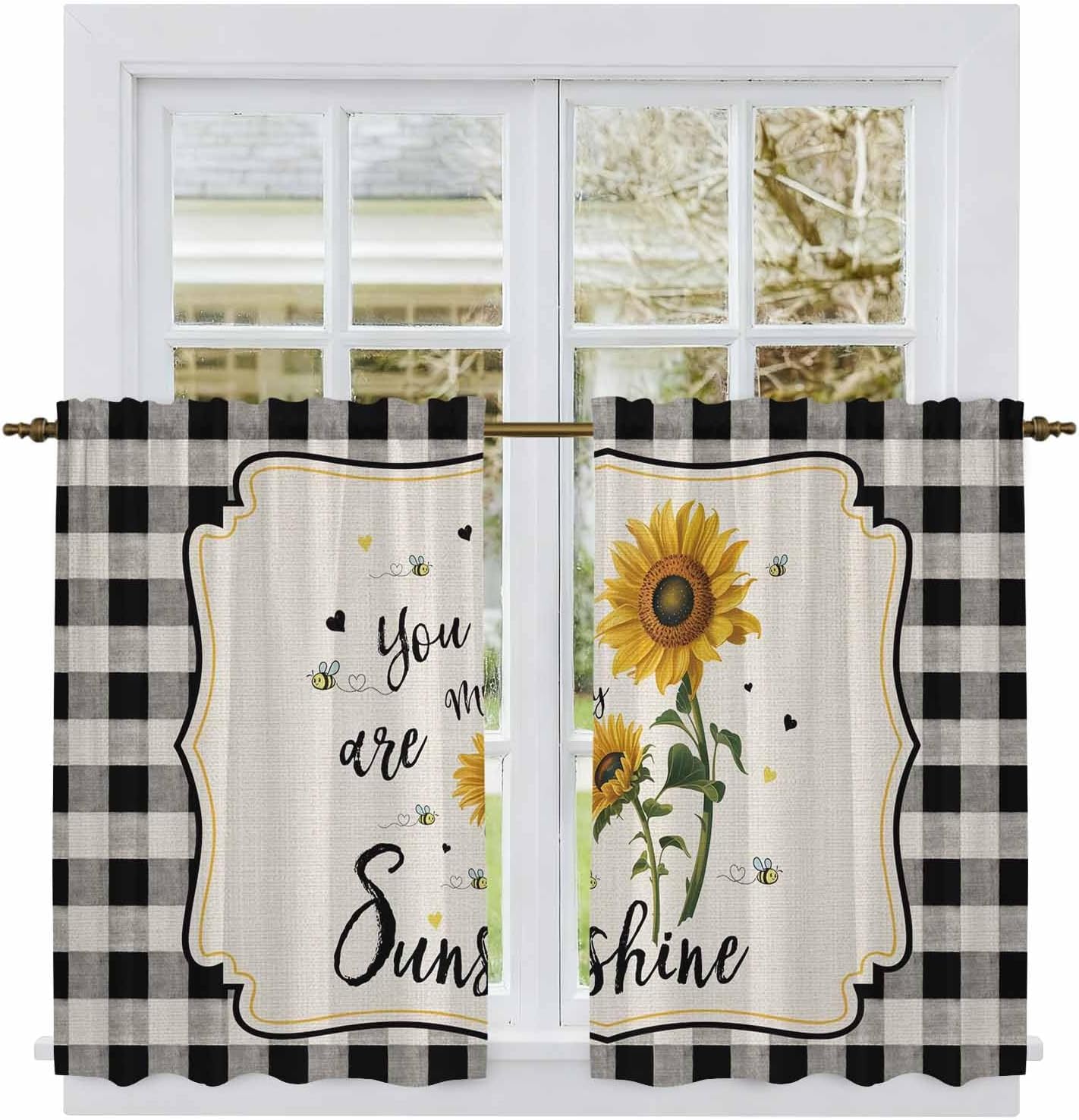 Sunflowers Kitchen Curtains, Yellow Floral Botanical Black White Checkered Rustic Light Filtering Window Curtain, 2Pcs Rod Pocket Window Treatments Set for RV Dining Room Study Room 42x45 Inches