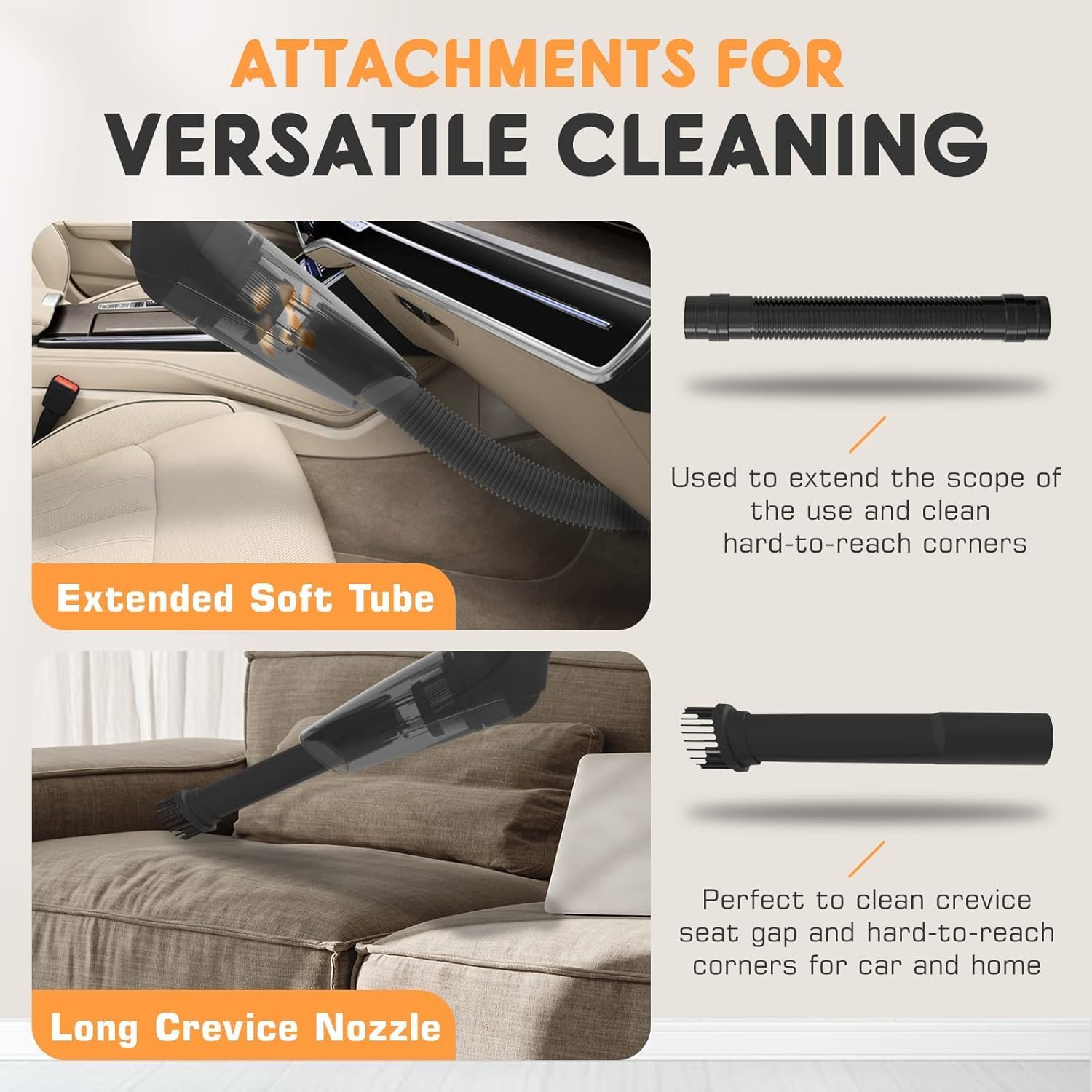 Handheld Rechargeable Car Vacuum Cleaner 10KPa High Power with LED Light Multi-Nozzles for Car Home Pet Orange 1Pack