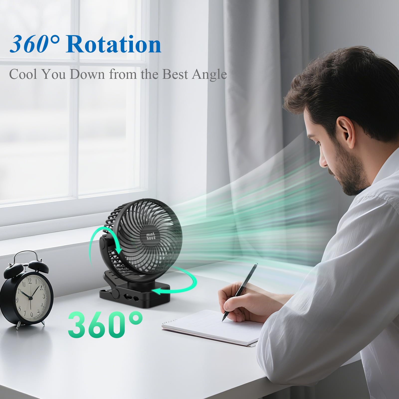 Minthouz Ventilateur portable USB rechargeable 12000 mAh avec clip et télécommande, 45H d'autonomie, silencieux, 3 vitesses, lumière LED, rotation à 360°, minuteur, pour bureau, camping et poussette
