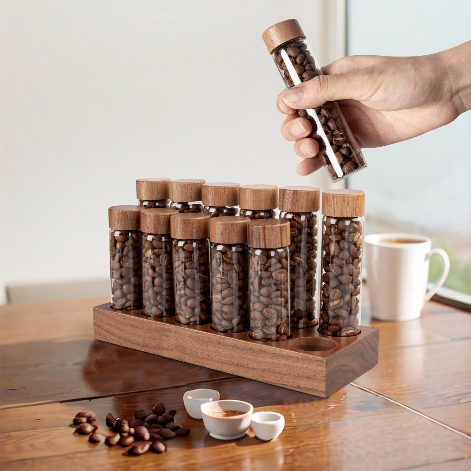 Guolich Walnuss Massivholzsockel Kaffeedosen 12 Rhren Kaffeebohnen- Aufbewahrung aus Holz fr einzelne Portionen,Kaffeebohnen  Behlter,Glasflschchen mit Deckeln, Behlter-Displaystnder und Trichter :  Amazon.de: Kche, Haushalt & Wohnen