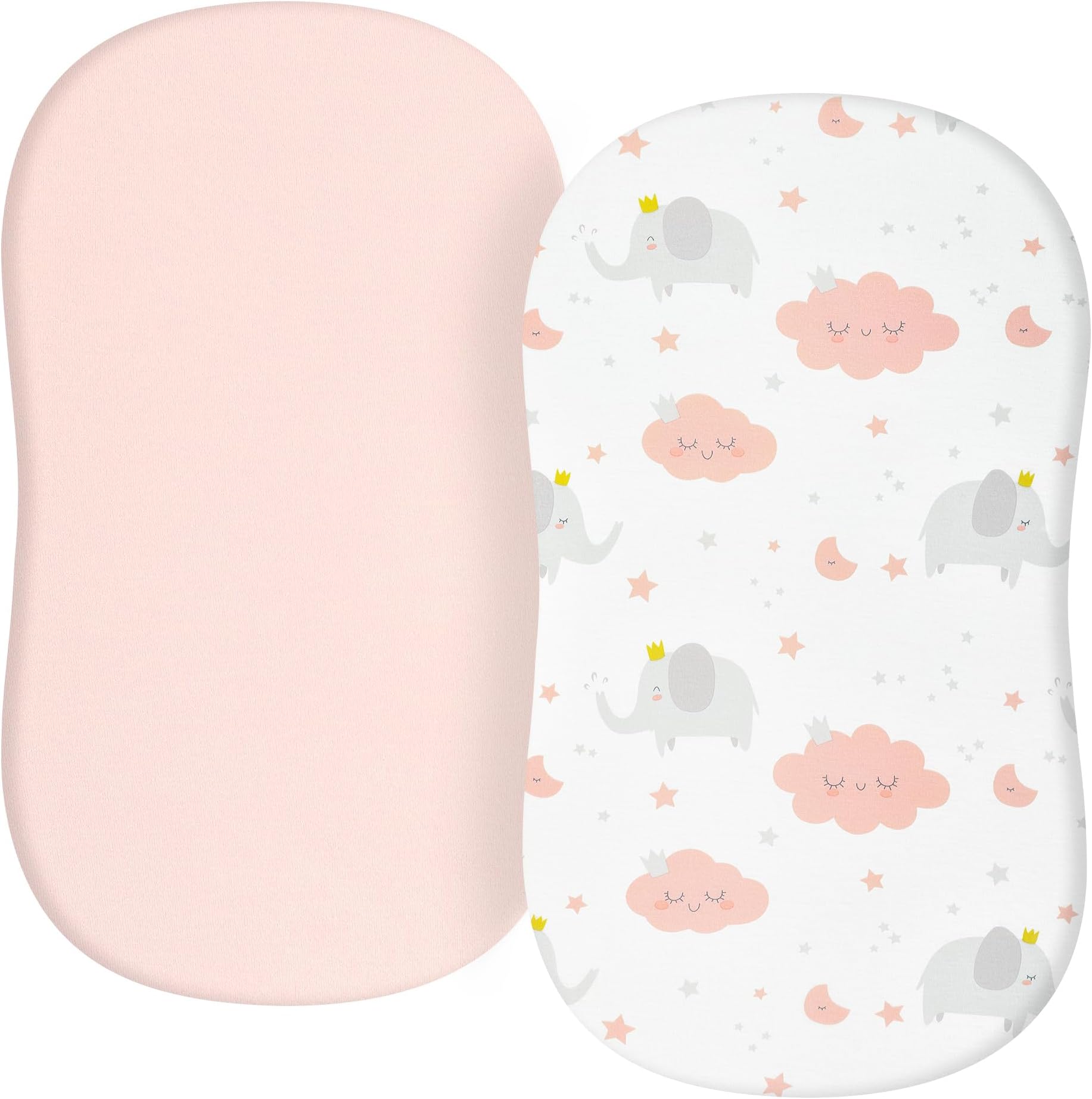 TILLYOU Baby Bassinet Sheets for Girls Boys 2 Pack Baby Sheets for Square Rectangle Oval Bassinet Mattress 33X16 Inch, Elephant & Cloud Pink