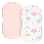 TILLYOU Baby Bassinet Sheets for Girls Boys, Fit for Hourglass Oval Rectangle Bassinet Mattress Sheets, 33X16, 2 Pack Elephant & Cloud Pink