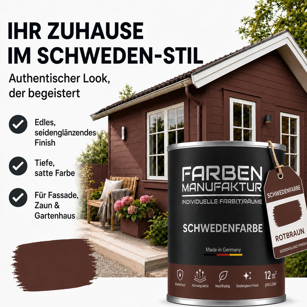 Schwedenfarbe Holzfarbe Außen Wetterfest – Holzschutzfarbe für Fassade, Gartenhaus, Zaun & Scheune – Diffusionsoffen & Nachhaltig Wetterschutzfarbe 5L, Größe: 5L, Farbe: Rotbraun