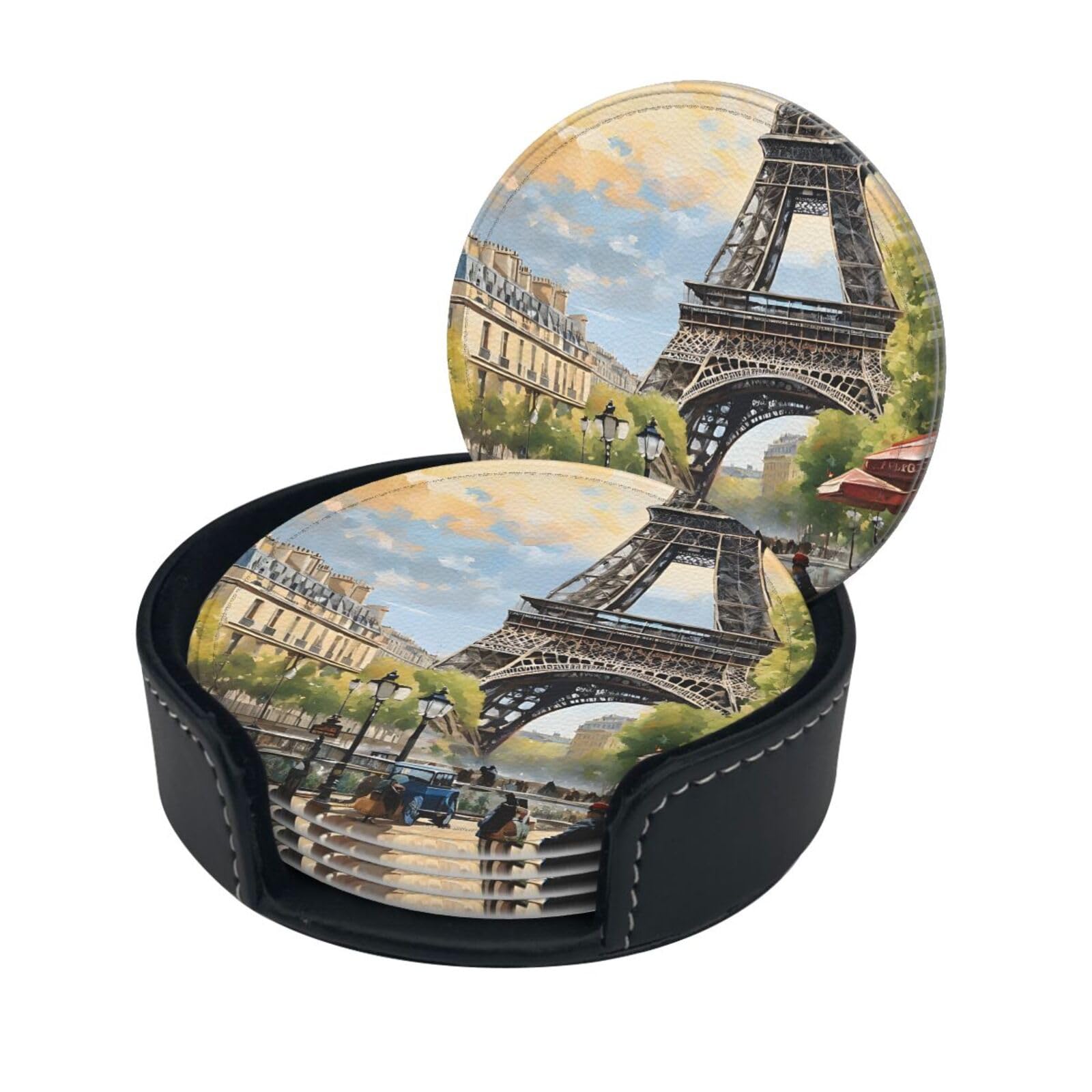 Romantic Paris Eiffel Tower Printed Leather Coasters (6-Pack) - Heat Resistant Drinks Cup Mat Pad for Home and Office Decor