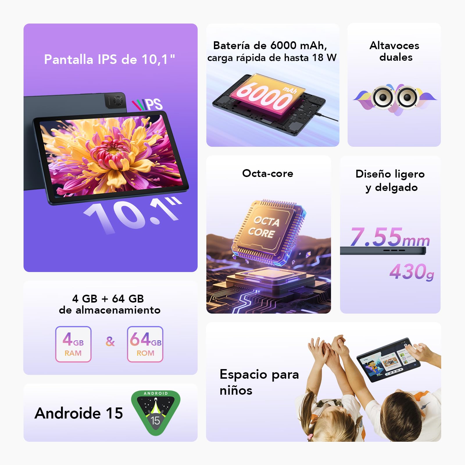 TCL Tab 10L Gen 4 Tablet Android | Pantalla 10,1" FHD | 4 GB + 64 GB | Batería 6000 mAh | Android 14 | WiFi | Quad Speakers | Control Parental | Gama de Entrada