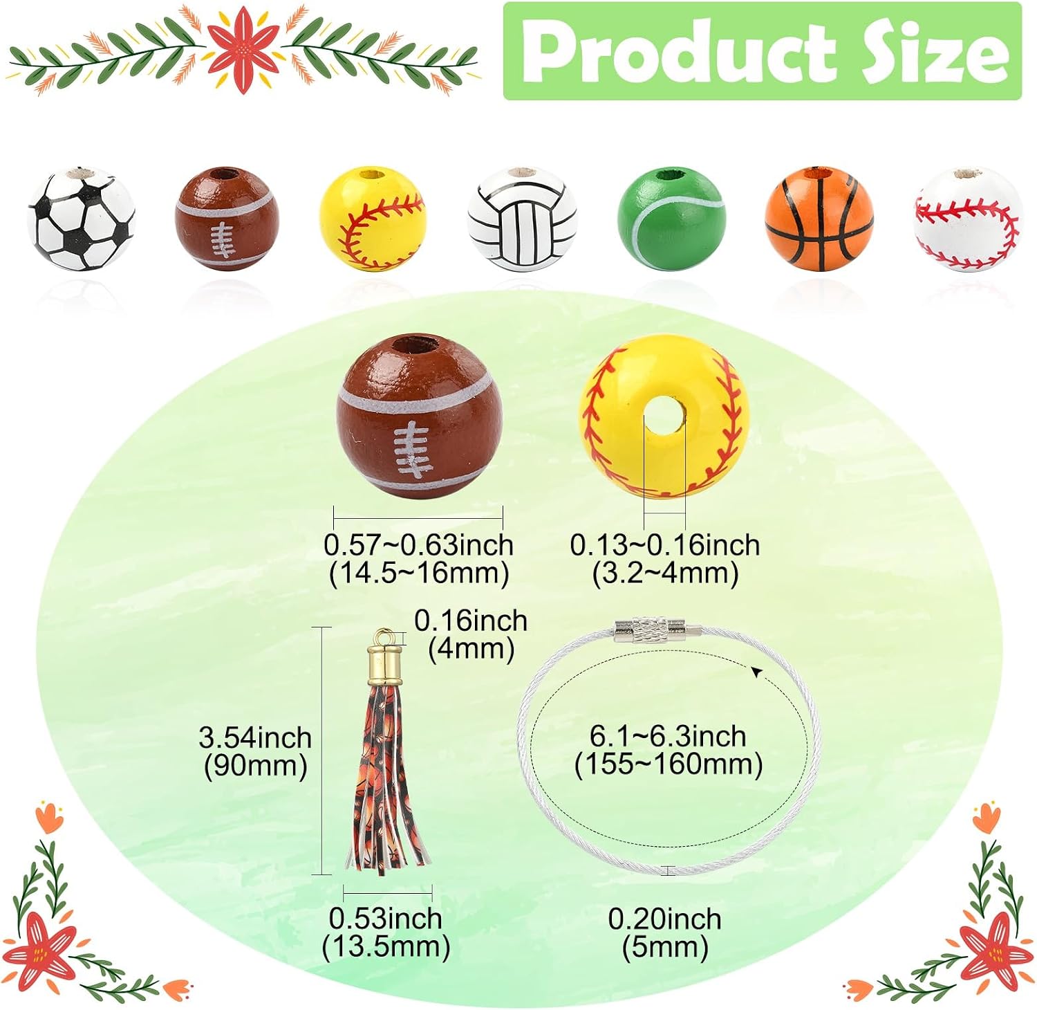 LiQunSweet 56 pcs 7 Styles Sport Ball Wood Bead Set with Tassel Football Basketball Volleyball Rugby Spacer Beads for DIY Jewelry Bracelet Necklace Earring Keychain Bag Decoration
