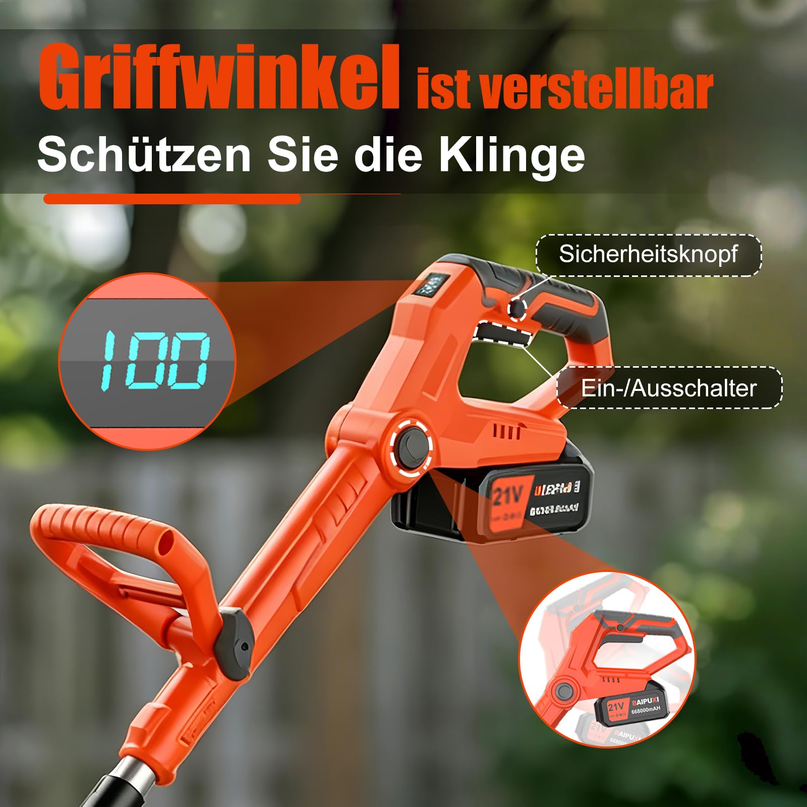 Desbrozadora eléctrica con batería con cepillo para malas hierbas, 21 V, desbrozadora eléctrica con batería, 2 baterías de 4,0 Ah y cargador, cabezal ajustable, mango telescópico para jardín, césped