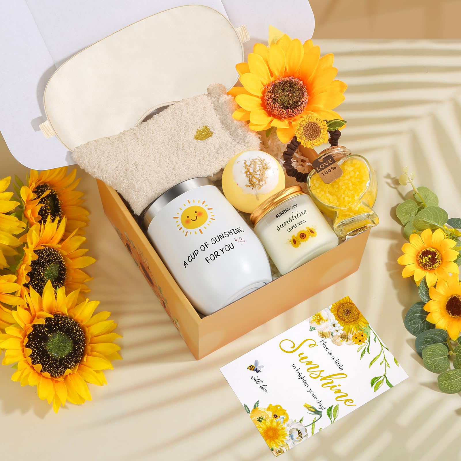 RYLIFEOGI Zonnebloemgeschenken voor vrouwen, verjaardagscadeauset inclusief tuimelaar, armband, make-uptas, verjaardagscadeaus voor vrouwen, vrouw, moeder, zus, beste vriend, zonnebloem geschenkset