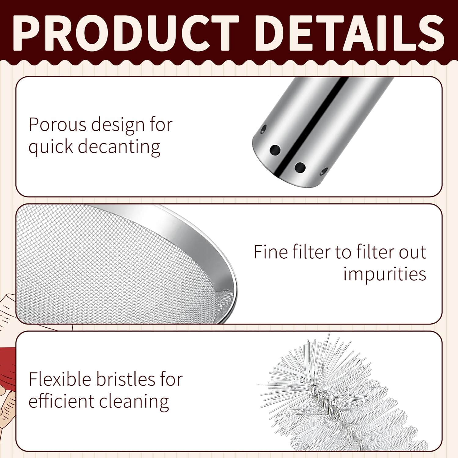 Potchen Wine Aerator Shower Funnel with Mesh Sediment Strainer Stainless Steel Aerating Decanter Funnel with Filter and Brushes for Christmas Wine Lover Gift(8)