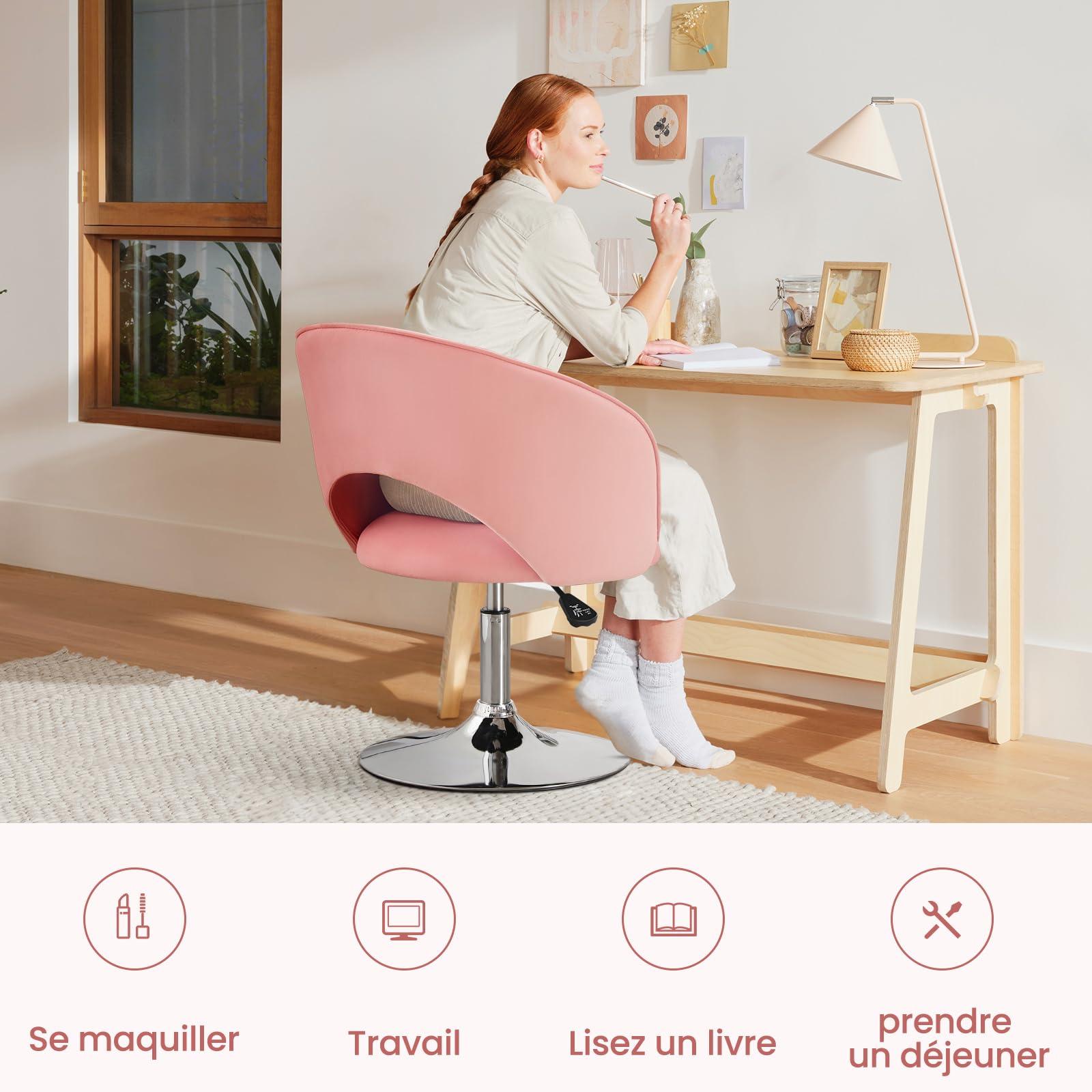 Chaise de Coiffeuse, Tabouret de Maquillage, Chaise de Salle à Manger Pivotante, Tabouret de Bar Réglable en Hauteur, Fauteuil de Salon Relax Tabourets de Cuisine avec Dossier et Socle, Rose