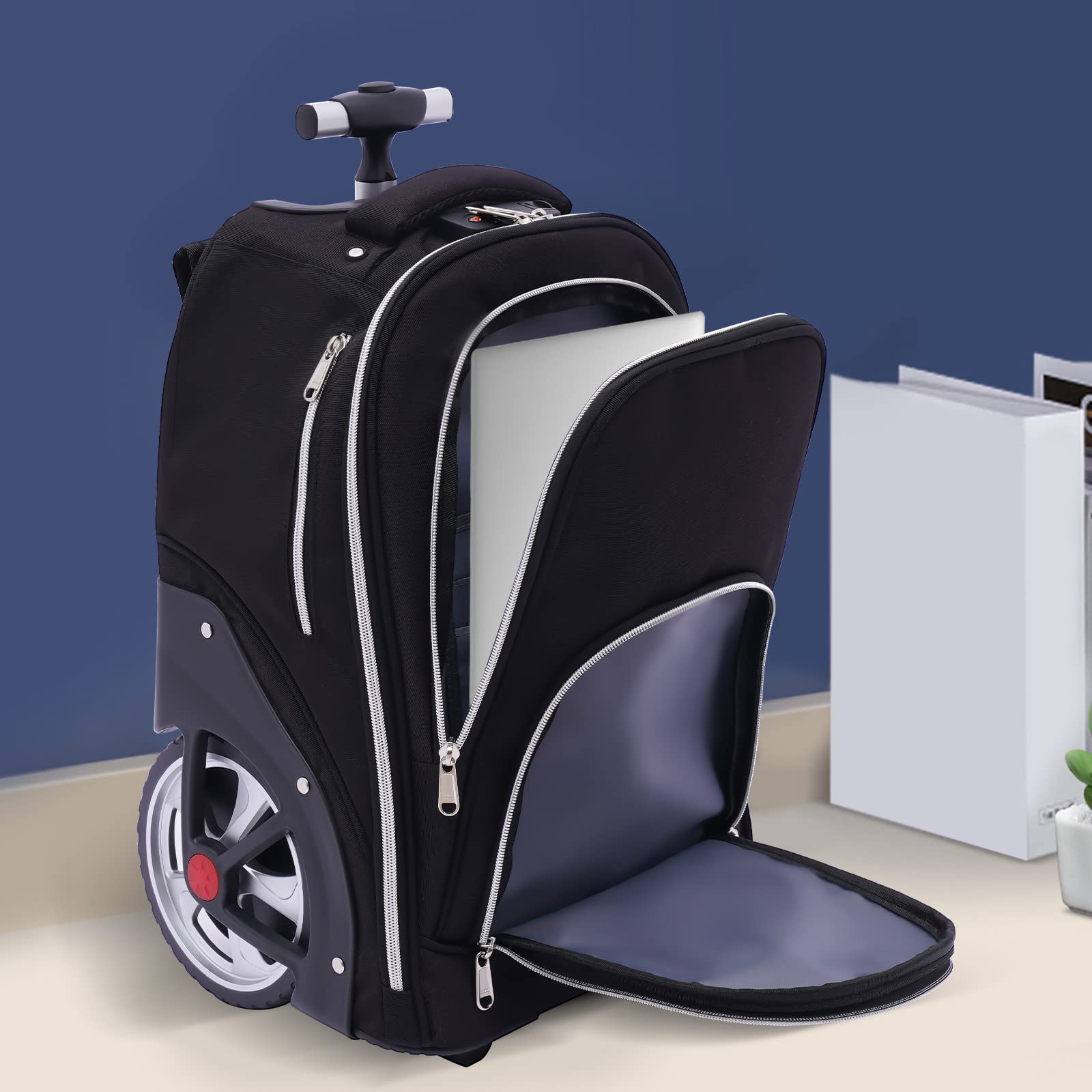 Mochila trolley con ruedas para portátil, mochila grande con ruedas para portátil de 15 pulgadas, bolsa de viaje, mochila de equipaje de mano para viajes/hombres/mujeres-Negro