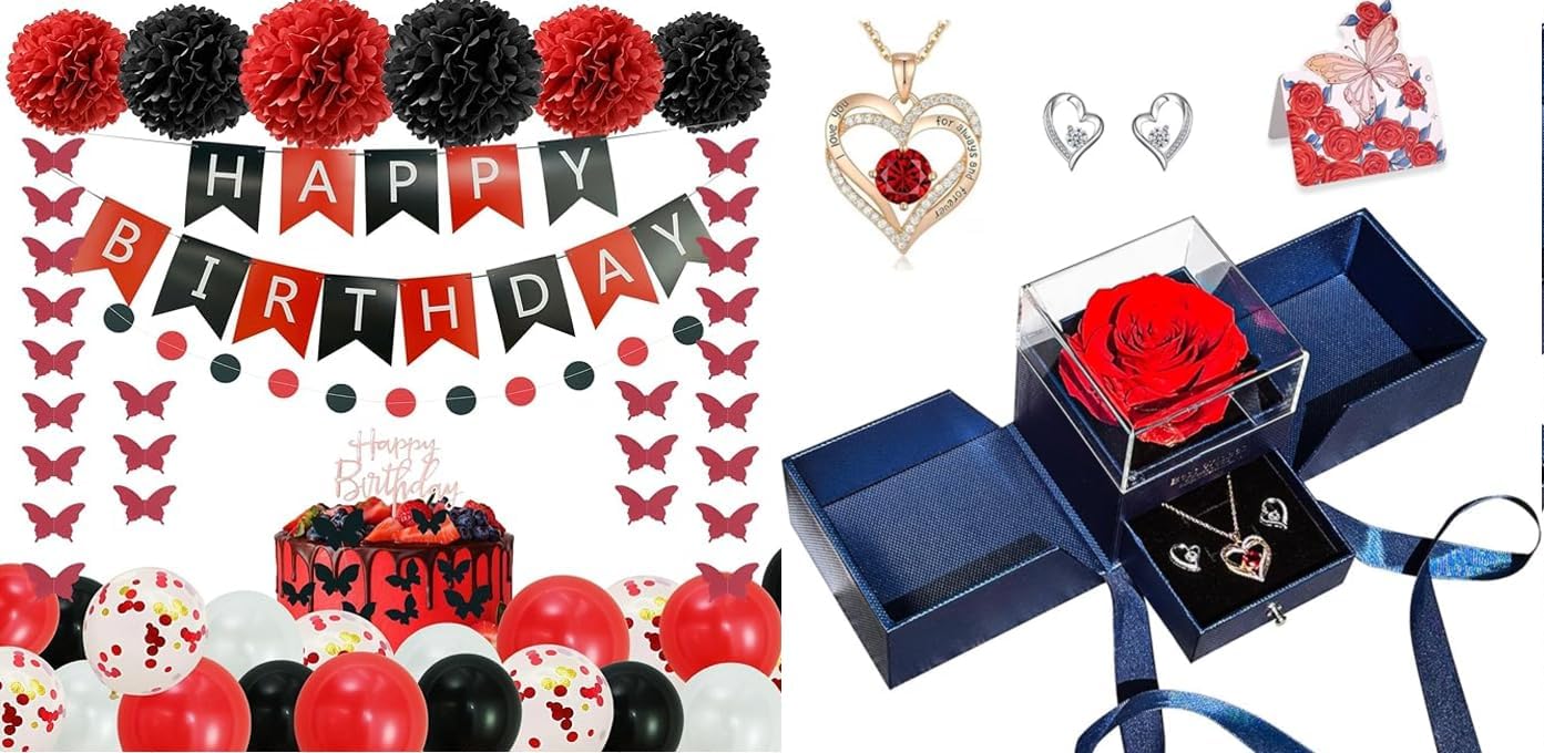 Birthday & Gifting Combo: 40pcs Red Black Party Decorations + Preserved Red Rose with Necklace & Earrings, Perfect for Women/Girls Birthday Celebrations, Mother’s Day, Valentine’s Day Surpris