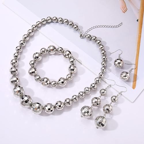 Miniatura 4 de Pendientes de bola de discoteca, collar, pulsera, joyería para mujer, aretes colgantes de bola de espejo de los años 60 y 70, aretes colgantes de