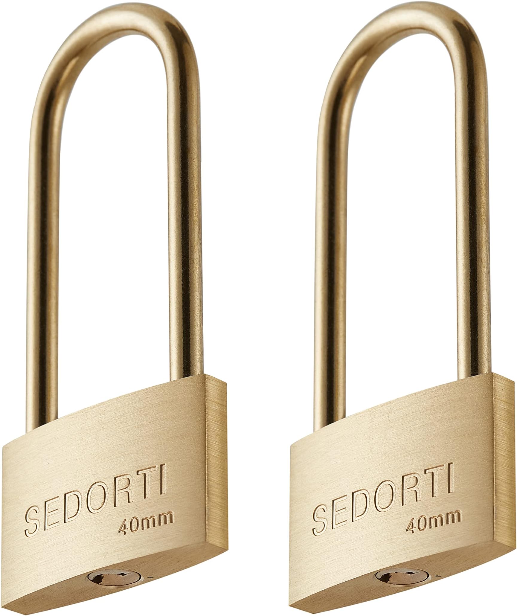 SEDORTI Weather Proof Lock, Keyed Alike Solid Brass Padlocks with Long Brass Shackle, Light Duty, 1-1/2" Wide Body, Marine Padlock, Anti Rust Lock, 2 Pack
