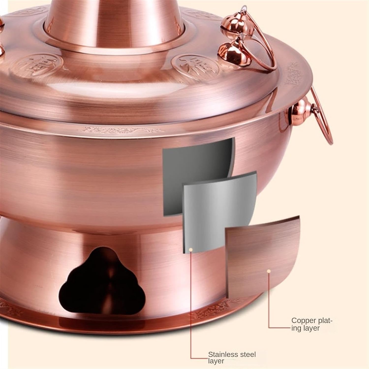 Copper hot Pot， Thickened Charcoal Hotpot Stainless Steel Hot Pot Old Beijing Style Hot Pot Cookware Chinese Hot Pot,A-34cm(32cm)