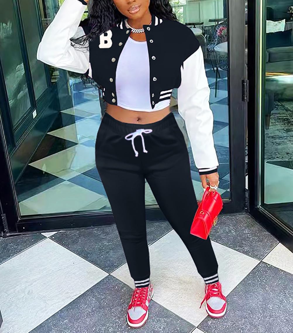 Fooullaide Women's Varsity Jacket Sweatsuit 2 Piece Tracksuit Crop Top Button Down Letterman Jackets Pants Sets