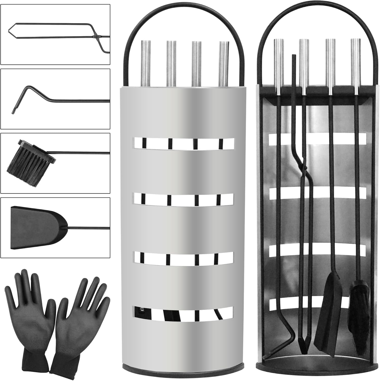 Melko Set di accessori per camino 6 pezzi con pratico contenitore per camino per cucina e casa, set di strumenti per camino con supporto, argento, set di pulizia per caminetto