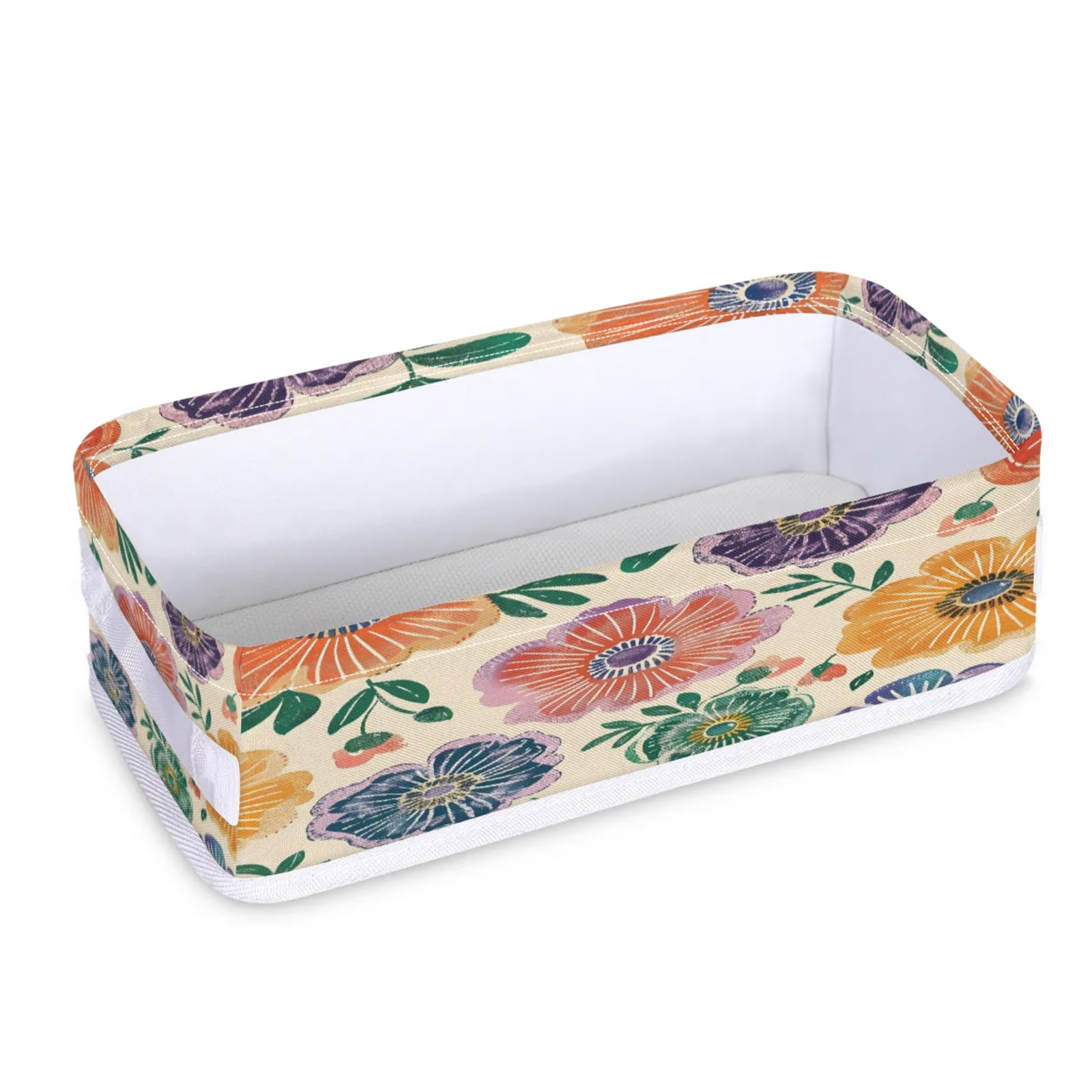 Tablerazzi Toilet Tank Topper Paper Basket with Handle, Spring Boho Floral Bathroom Storage Basket for Organizing, Small Fabric Storage Bins for Bathroom Decor