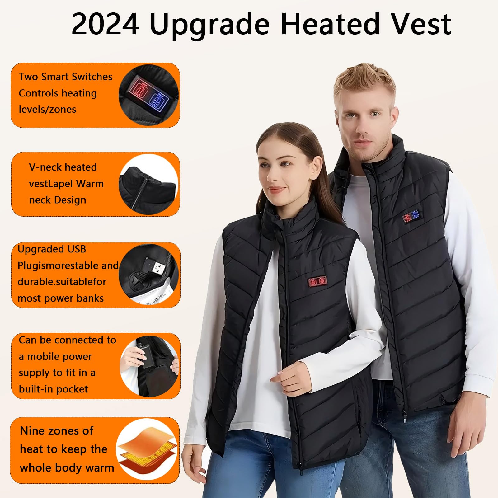 SNZ Chaleco Calefactable Con Batería, USB Chaqueta Calefactable, Invierno Cálido Chaleco Mujer Y Chaleco Hombre Para El Senderismo Al Aire Libre Caza Moto Camping Snowboard