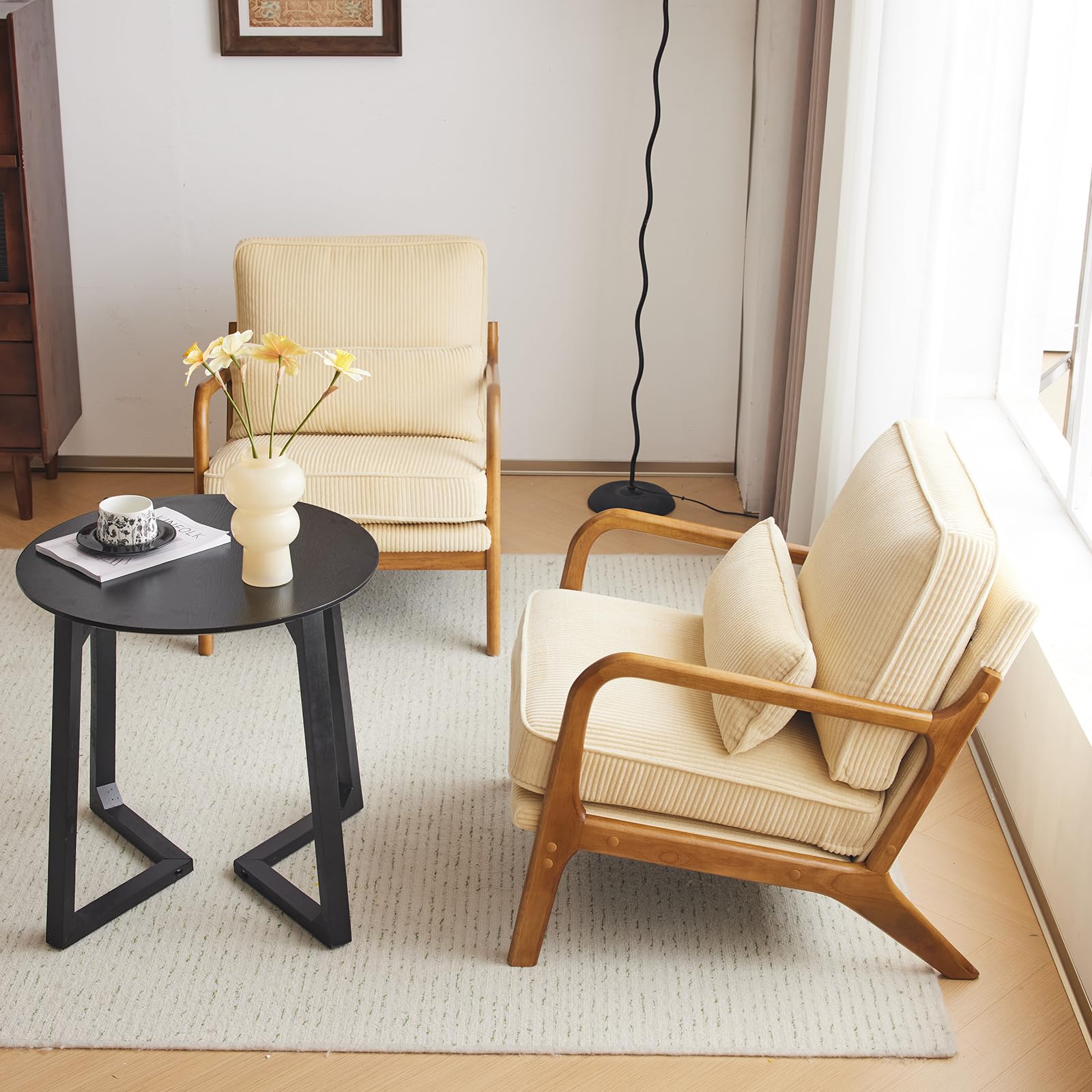 Bonnlo Accent Chair, Soild Wood Padding Lounge Armchairs Set of 2, Occasional Reading Chair with Cushions and Lumbar Pillow, Armchairs for Living Room, Bedroom, Guest Room, Corduroy, Dark Beige