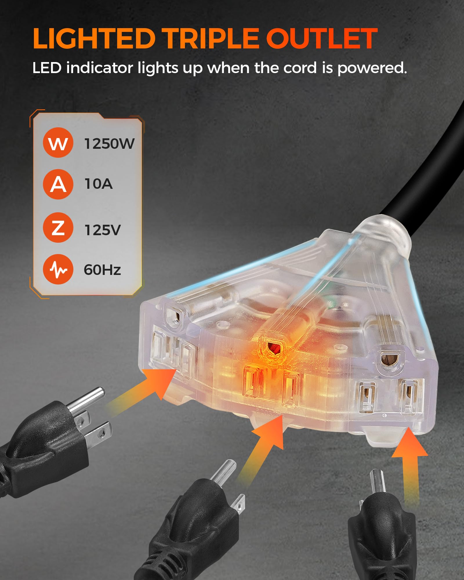 Zwijany zwijacz przewodu, wytrzymały przedłużacz 22,9 m, 14 AWG/3C SJTOW, 3 gniazda świetlne z potrójnym kluczem, wyłącznik automatyczny 10 A, zamontowany na