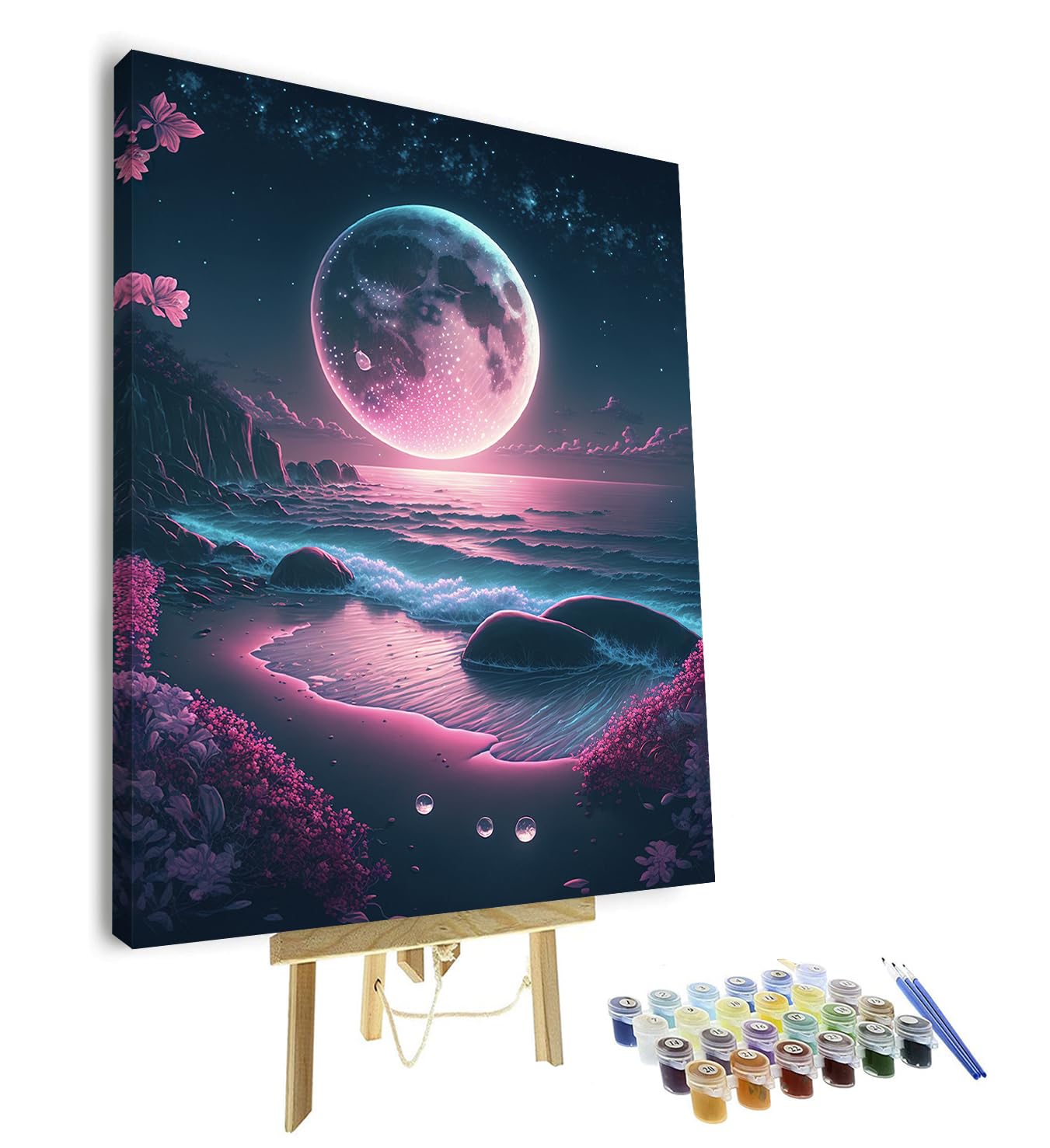 TISHIRON DIY Paint by Numbers for Adults, Moon Acrylic Paint by Numbers Kit for Adults, Beach Painting by Numbers for Home Decor, Sea Oil Hand Painting Art Crafts 16"x20"(Framed)