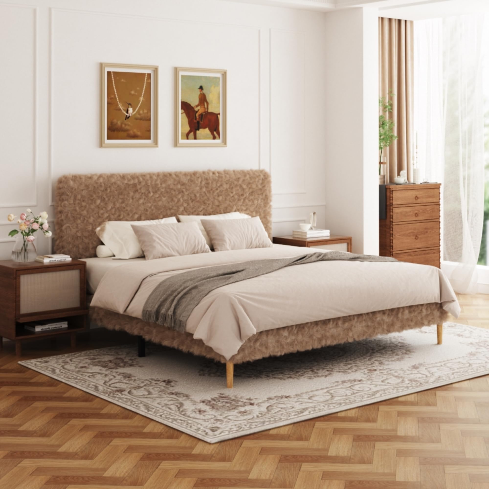 Photo 1 of ***FACTORY SEALED - OPENED FOR INSPECTION***   ***TRUCK/TRAILER PICKUP ONLY***   viplov King Size Platform Bed Frame with Adjustable Headboard, Anti-Collision Soft Rounded Corners, Flannel, No Box Spring Needed, Easy Assembly, Noise Free, Almond